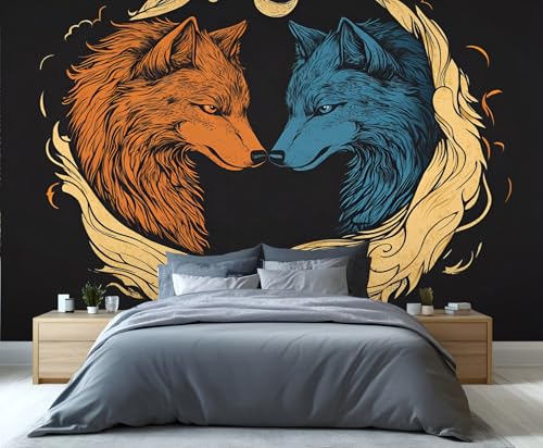 Wolf Wandbild Schwarze Wandtapete Fließende Linien Tapete Mond Tapete für Schlafzimmer Wohnzimmer Poster 490 X 350 cm von Generic