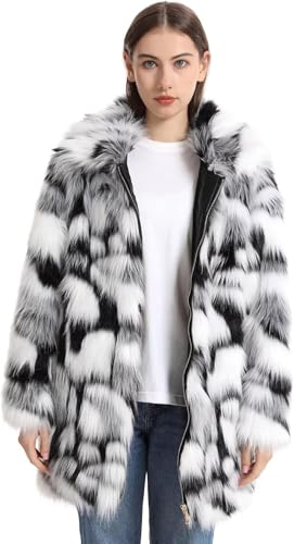 Wome's Faux Fur Mantel Log Jacke Witer Outfits Flauschig Warme Oberbekleidung Plüsch Mantel Mit Reißverschluss, Black White, L von Generic