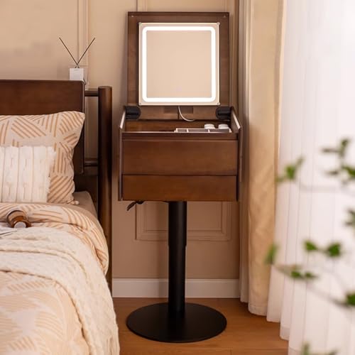 Wood Vanity Desk Liftable Tabletop, Vanity Table Mirror with Lights 3 LED Lighting Modes Adjustable Makeup Vanities Flip-Top for Bedroom and Living Room(Dark Brown) von Generic