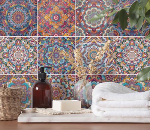 Wunderwand Fliesenaufkleber Mandala – Selbstklebende Vinyl Aufkleber für Bad und Küche – Dekorative Fliesensticker mit Buntem Blumenmuster Wunderwand Fliesenaufkleber Mandala – Selbstklebende Vinyl Aufkleber für Bad und Küche – Dekorative Fliesensticker mit Buntem Blumenmuster von Generic
