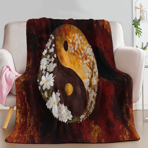 Yin Yang Symbol Blumen Flammen Warme Weiche Flanell Plüsch Auf Der Schlafsofa Decke, Kuscheldecke Dunkelrot Flauschige alle Jahreszeiten bettwäsche Flanell Decken 180 x 200 cm von Generic