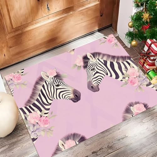 Zebra Fußmatte Schmutzfangmatte Innen 40 X 60 cm rutschfeste Waschbar Fussmatte, Sauberlaufmatte Teppich Für Eingangsbereich, Haustür, Flur, Porch - Rosa Blumentiere von Generic