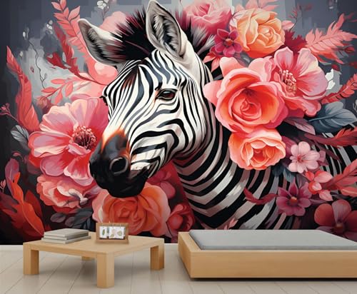 Zebra Tapete Blumen Wandbild Schwarz Weiß Gestreiftes Pferd Mädchenzimmer Tapete Blumentapete für Wohnzimmer Schlafzimmer Wandbild Poster 490 X 350 cm von Generic