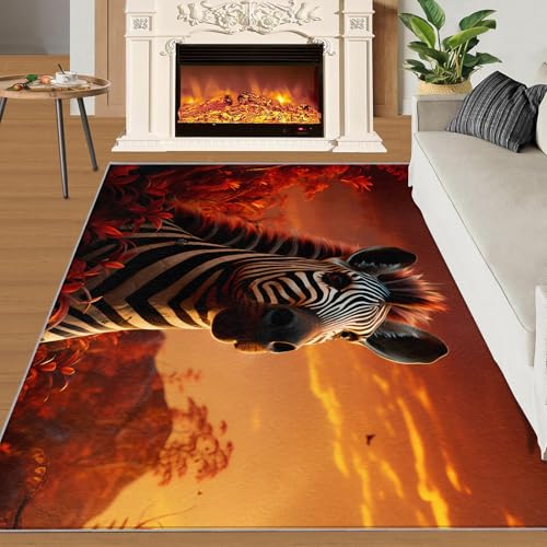 Zebra Teppich Sonnenuntergang In Der Natur Schlafzimmerteppiche Wildtier 120x170 Rug Zebra Vorleger Rutschfester Teppich Für Stark Frequentierte Bereiche von BEQUTIY