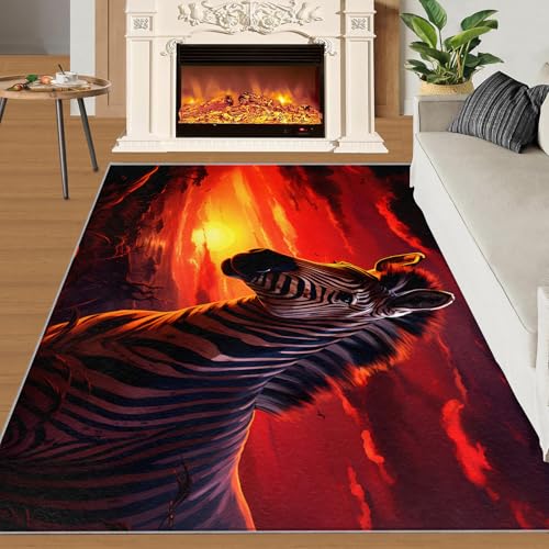 Zebra Teppich Wildtier Kinderteppiche Roter Sonnenuntergang Im Grasland 70x120 Rug Zebra Vorleger Rutschfester Teppich Für Stark Frequentierte Bereiche von BEQUTIY