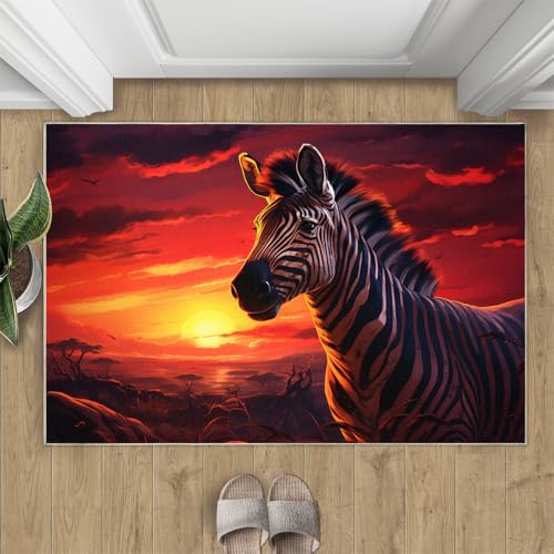 Zebra Teppich Wildtier Kleine Teppiche Roter Sonnenuntergang Im Grasland 50x80 Rug Zebra Vorleger Rutschfester Teppich Für Stark Frequentierte Bereiche von BEQUTIY