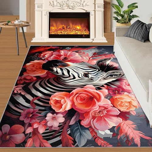 Zebra Teppich Wildtier Schlafzimmerteppiche Schöne Natürliche Pflanzenblumen 140x200 Rug Zebra Vorleger Rutschfester Teppich Für Stark Frequentierte Bereiche von BEQUTIY