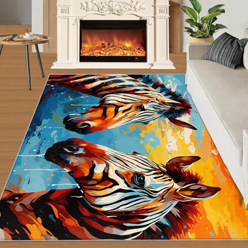 Zebra Teppich Wunderschöne Blau-Orange Graffiti Kinderzimmerteppiche Bunte Zebrastreifen 100x140 Rug Tier Vorleger Rutschfester Teppich Für Stark Frequentierte Bereiche von BEQUTIY
