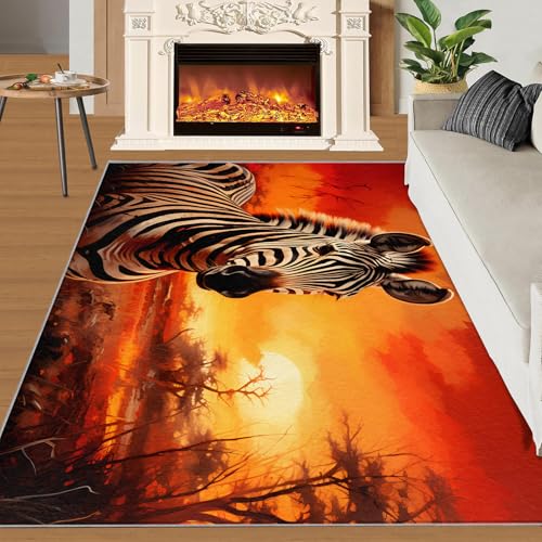 Zebra Teppich Wunderschöne Rote Sonnenuntergangslandschaft Kinderteppiche Natürliches Grasland 70x120 Rug Zebra Vorleger Rutschfester Teppich Für Stark Frequentierte Bereiche von BEQUTIY