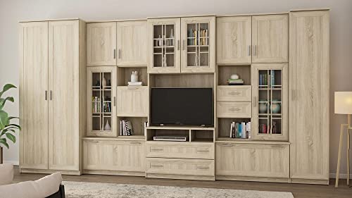 eMeblast Wohnwand Lena - Schrankwand - Vitrinen - Hängeschrank - Wohnzimmer - Klassisches Design - Elegant Möbel - Wohnzimmerschränke - BxHxT 405x210x53-5 Schränke - TV-Schränke - Light Sonoma von Generic