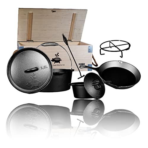 Grillschweine Dutch Oven Starter Kit - 8-teiliges Dutch Oven Set: Dutch Oven 4 QT mit Deckel, Grillplatte, Pfanne, Stieltopf mit Deckel, Untersetzer und Deckelheber von Grillschweine