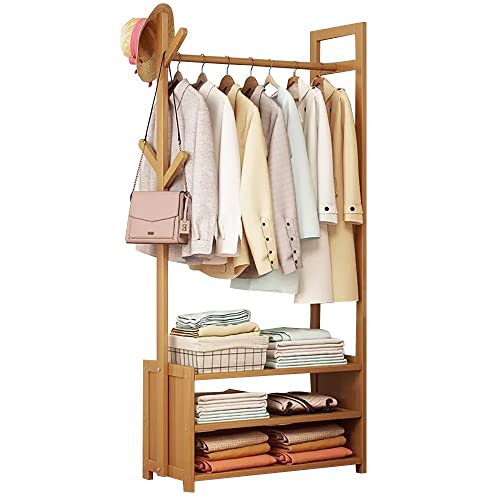 kleiderständer kleiderstange mit Haken, Garderobenständer Holz, Garderobenständer Bambus mit ablage,Tragfähigkeit 80KG, Einfach zu Montieren, für Schlafzimmer Balkon (Primary Color 70CM) von Generic