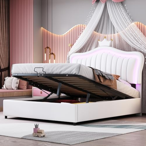 olsterbett mit hydraulischem Stauraum und verstellbarem Kopfteil, Elegantes Kronen-Design aus PU-Leder mit LED-Beleuchtung, Lattenrost und hoher Tragfähigkeit von Generic