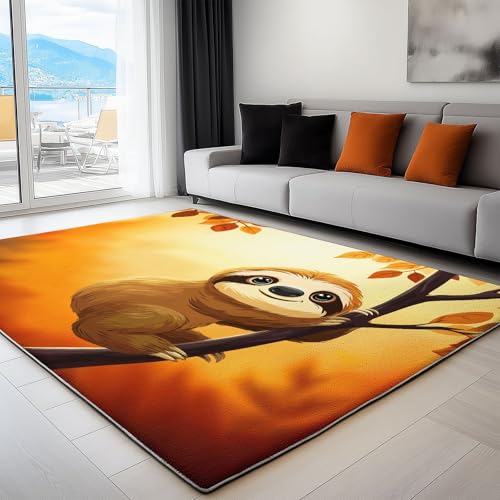 rutschfest Pflegeleicht Teppich 140 x 200 cm, Flanell Wurfteppich mit Niedlich Tier Faultier Gedrucktes Muster, Kuscheliger Orange Teppiche mit Anti-Rutsch-Unterseite von Generic
