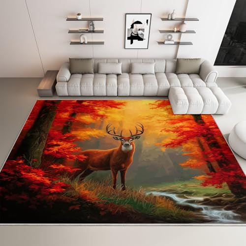 rutschfest Pflegeleicht Teppich 180 x 240 cm, Kuscheliger Orangerot Flanell-Wurfteppich mit Natur Tiere Hirsch Wald aufgedrucktem Muster und Anti-Rutsch-Unterseite rutschfest Pflegeleicht Teppich 180 x 240 cm, Kuscheliger Orangerot Flanell-Wurfteppich mit Natur Tiere Hirsch Wald aufgedrucktem Muster und Anti-Rutsch-Unterseite von Generic