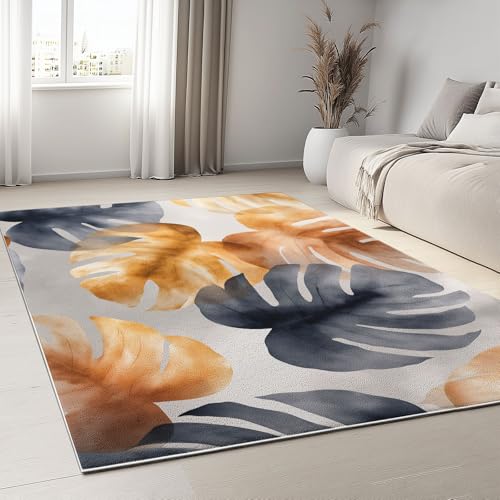 rutschfest Pflegeleicht Teppich 80 x 150 cm, Kuscheliger Hellgrau Flanell-Wurfteppich mit Modern Natur Blätter Monstera aufgedrucktem Muster und Anti-Rutsch-Unterseite von Generic