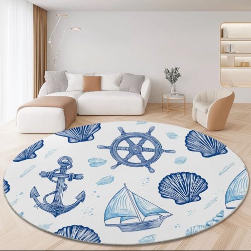 rutschfest Rund Teppich 150 cm, Einfach Marine Muscheln Waschbar Runder Teppich, Weiß Flanell Kurzflor Teppiche für Wohnzimmer Schlafzimmer Küche Kinderzimmer Dekoration rutschfest Rund Teppich 150 cm, Einfach Marine Muscheln Waschbar Runder Teppich, Weiß Flanell Kurzflor Teppiche für Wohnzimmer Schlafzimmer Küche Kinderzimmer Dekoration von Generic
