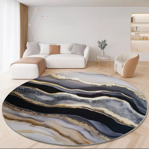 rutschfest Rund Teppich 150 cm, Natur Marmor Textur Waschbar Runder Teppich, Weiß Gold Flanell Kurzflor Teppiche für Wohnzimmer Schlafzimmer Küche Kinderzimmer Dekoration von Generic