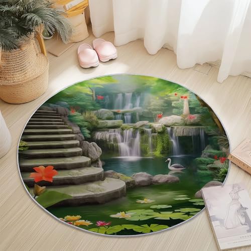 rutschfest Rund Teppich 90 cm, Natur 3D Wasserfall Teich Waschbar Runder Teppich, Grün Flanell Kurzflor Teppiche für Wohnzimmer Schlafzimmer Küche Kinderzimmer Dekoration von Generic