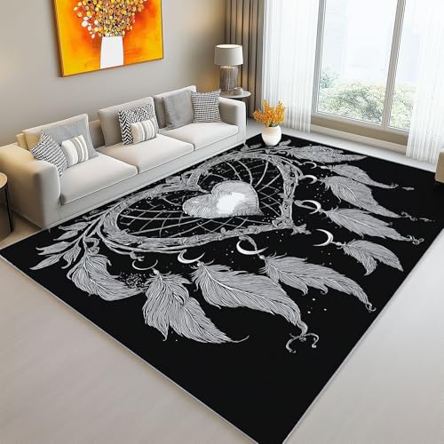rutschfeste Bodenmatte für Wohnzimmer Schwarz Weiß, Einfach Traumfänger Federn Textur Bedruckter Teppich, weicher Flanell-Teppich für Schlafzimmer, Nachttisch, Büro, Maschinen waschbar 80 x 150 cm von Generic