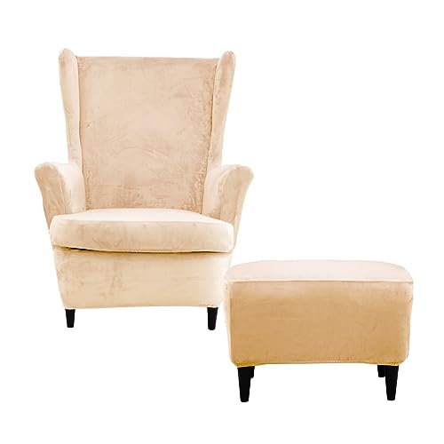 stretch sessel überwürfe ohrensesselbezüge Bezug Sesselhusse 2-teilig Ohrensessel Überzug Mit Ottomane Beige Gelb Tiger Stuhlbezug von Generic