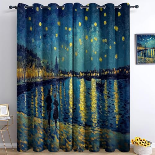 vorhänge Blickdicht Van Gogh, Sternenhimmel, NachtszeneMuster Gardinen Mit Ösen weiche Verdunkelungs (2 x 140 x 175) Junge Mit Mädchen Vorhang gegen Kälte Blau (Warmer Ton) von Generic