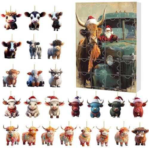 24 Tage Adventskalender Weihnachten Highland Cow - Adventskalender Zurück Weihnachten mit Kühen 24 Tage, Charm Bügeleisen 2D Acryl Tier für Dekoration Baum Party Fenster Spiegel von Genérico