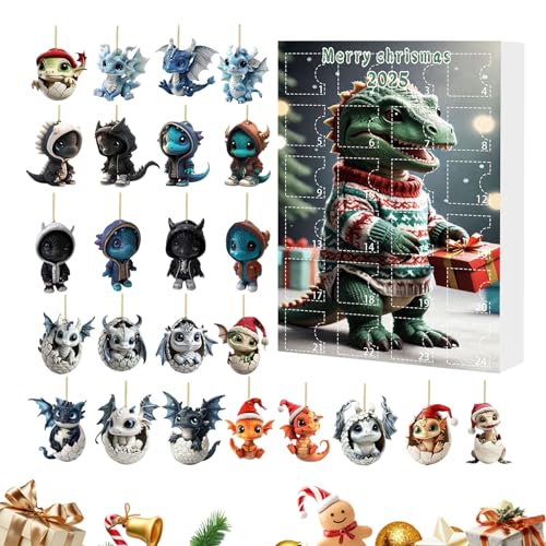 24-Tage-Adventskalender mit - 2D-Acryl-Baby-Drache für 24 Adventstage, 2025 Weihnachtsanhänger für Rückspiegel Wand Fenster Baum von Genérico