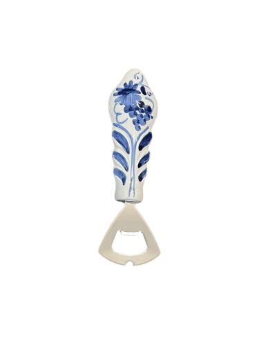 Amarcord Flaschenöffner aus Stahl und Keramik, handgefertigt und handbemalt mit blauen Romagnolen-Mustern von Generico