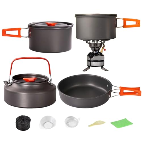 Camping-Kochgeschirr: 3-teiliges Camping-Kochset | tragbarer Topf, Pfanne und Wasserkocher mit Antihaftbeschichtung | Leichtes Reise-Kochgeschirr für Wohnmobil, Wandern, Spaß von Genérico