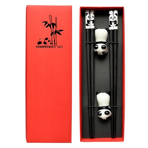 Chopsticks Set – Wiederverwendbare chinesische Essstäbchen, 24 cm lang | Panda wird mit Halterung, Spülmaschinen-Schwanzstäbchen, Bambusoptik, Esshilfe, Keramikständer von Genérico