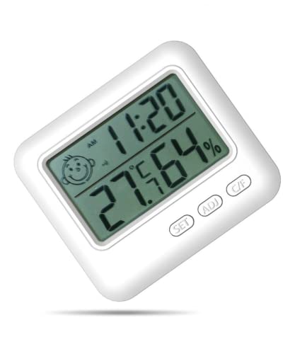 Digitales Mini-Hygrometer für den Innenbereich, tragbar, mit Uhr, Thermostat und Temperaturmessgerät und Feuchtigkeitssensor für Wohnung/Büro, mit Komfort-Logo, hohe Präzision, LCD-Display von Genérico