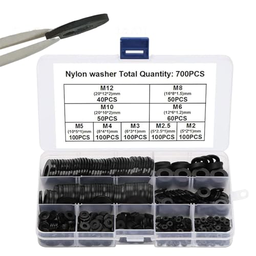 Flache Nylon-Unterlegscheiben: flache schwarze Nylon-Unterlegscheiben, 700 Stück, mit Organizer-Box, Präzisionsabstandshalter für Rohre, Hardware-Reparaturen und Maschinenbauanwendungen Flache Nylon-Unterlegscheiben: flache schwarze Nylon-Unterlegscheiben, 700 Stück, mit Organizer-Box, Präzisionsabstandshalter für Rohre, Hardware-Reparaturen und Maschinenbauanwendungen von Genérico