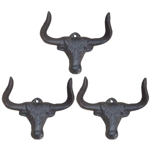 Genérico Bull Head Hooks - Heavy Duty Hat Rack for Wall | 3 Bullheads Cast Iron Hooks, Set of 3 wiederverwendbare Handtuchhalter, multifunktionale Aufbewahrungsorganisation für Wohnzimmer von Genérico