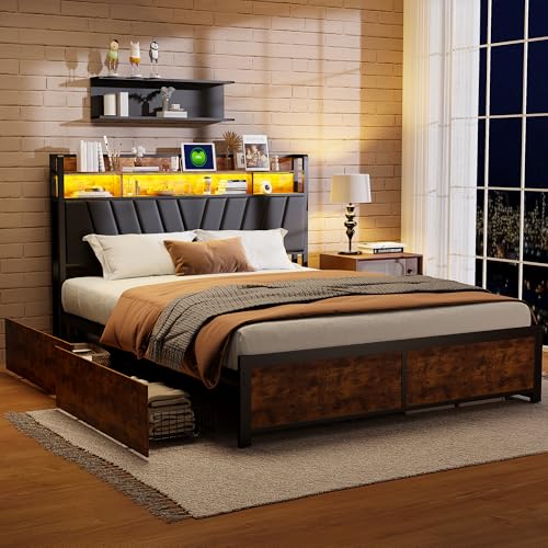 Genérico Doppelbett mit Kopfteil und Lattenrost, Bett mit 4 Schubladen, mit LED-Licht, USB-Ladung, für Schlafzimmer, Gästezimmer oder Hotel (180 x 200 cm) von Genérico