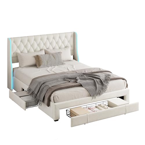 Genérico Doppelbett mit Kopfteil und Lattenrost, gepolstert, mit LED-Licht, Bett mit 4 Schubladen, für Schlafzimmer, Gästezimmer oder Hotel (160 x 200 cm) von Genérico