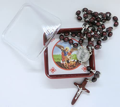 Generico Roter Rosenkranz aus Holz 50 Grani + 9 Rosenkranz mit Kreuzmedaille San Michael Hals mit Box Kirche Priester Nonne von Generico