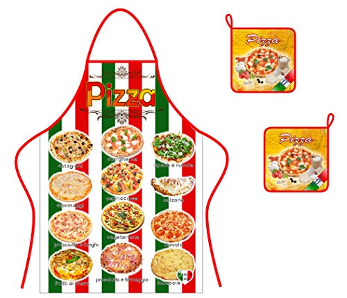 Generico Schürze + 2 Topflappen aus Baumwolle, Pizza Italien, italienische Produkte von Generico