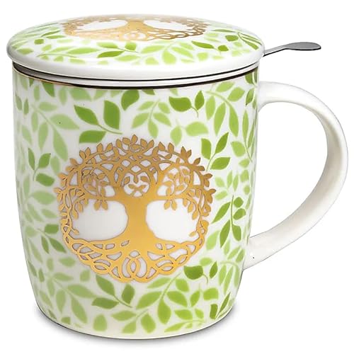 Generico Teetasse Mandala Grün Gold Baum Leben Becher feines Porzellan Infuser Cup 400 ml von Generico