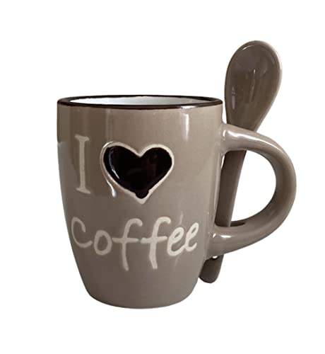 Kaffeetasse, Kaffeetasse aus Keramik mit integriertem Löffel, Tasse mit Aufschrift "I Love Coffee", Höhe 6,5 cm, Fassungsvermögen 65 ml (Weiß/Taupe) von Generico