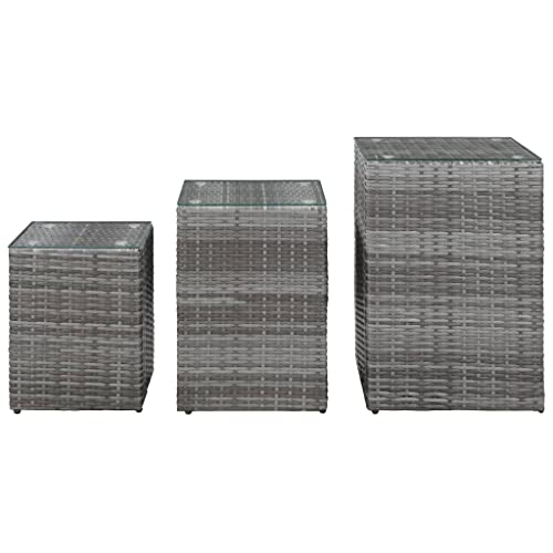 Kangqiling 46985 Beistelltisch 3-teilig mit grauer Glasplatte aus Polyrattan grau von Generico
