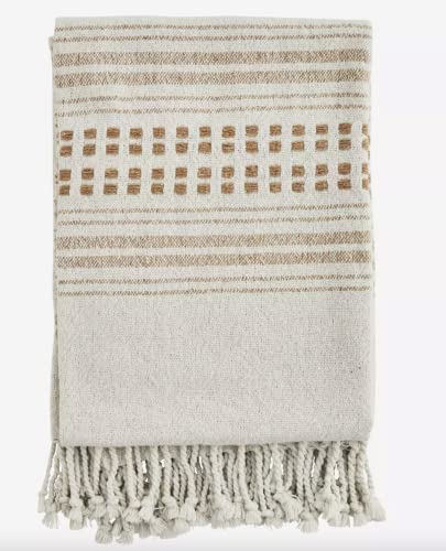 MADAM STOLTZ Plaid Decke aus recycelter Baumwolle 125 x 175 cm Off White/Caramel von Generico