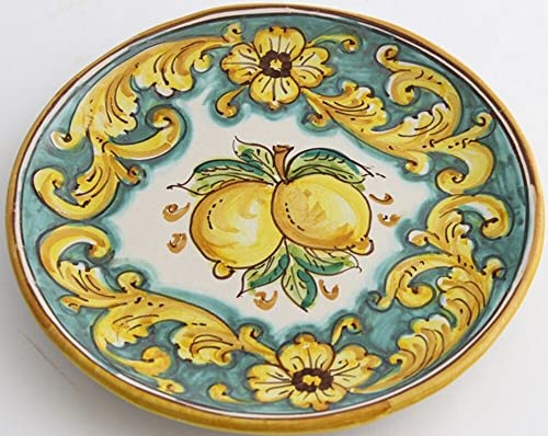 Mittlere sizilianische Keramik Platte gelb und grün Heiliger Stephan von Camastra Handdekoriert Zitronen Art 13 von Generico