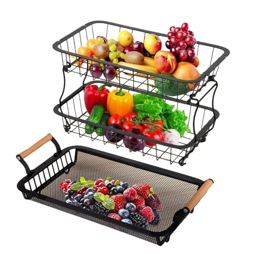 Obstständer | Obst-Organizer mit 3 Ebenen für die Küchenarbeitsplatte | Metalldraht-Organizer mit Bananenhaken für Zuhause, Speisekammer, Restaurant, Wohnung von Genérico