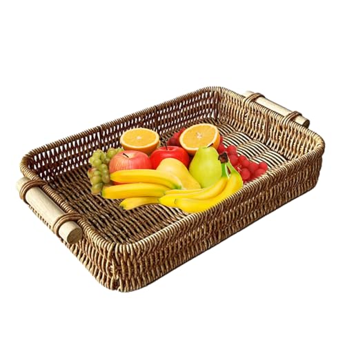 Rechteckiges Rattan-Tablett – Serviertablett aus Rattan mit Griffen | Mehrzweck-Tabletts aus Rattan, rechteckig, dekorative Präsentation für den Schreibtisch, handgewebt, Aufbewahrungsschalen von Genérico