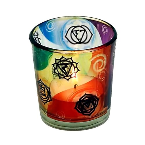 Teelichthalter aus Glas Farben Symbole 7 Chakren Glas Kerzenhalter Teelicht von Generico