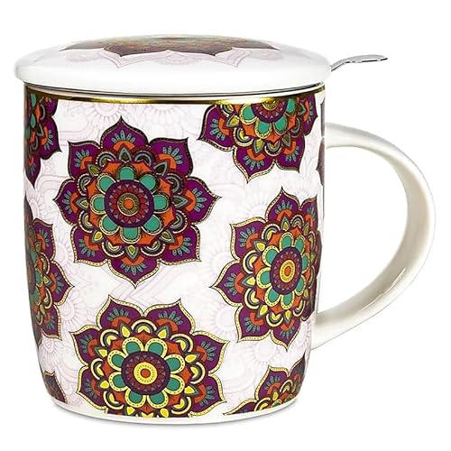 Teetasse, Mandala, Rot, feines Porzellan, Infuser aus Edelstahl, 400 ml von Generico