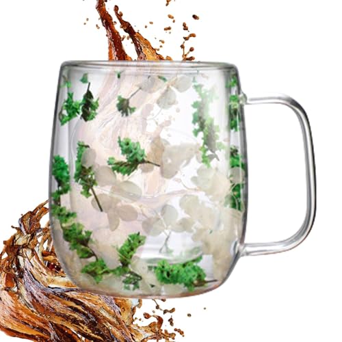 Teetasse aus Glas mit Trockenblumen - doppelwandige Glastassen | Doppelwandige Trockenblumen für Kaffee, doppelwandige Glastasse mit Trockenblumen, hitzebeständig, für Getränke von Genérico