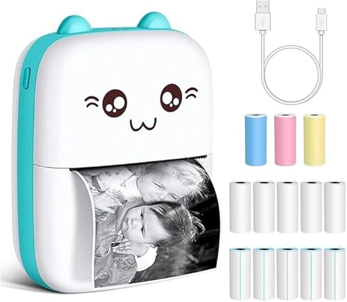 Tragbarer Mini-Thermodrucker, Set mit 13 Papierrollen und 12 Acrylstiften, kompatibel mit iPhone und Android, Weiß und Blau. von Genérico