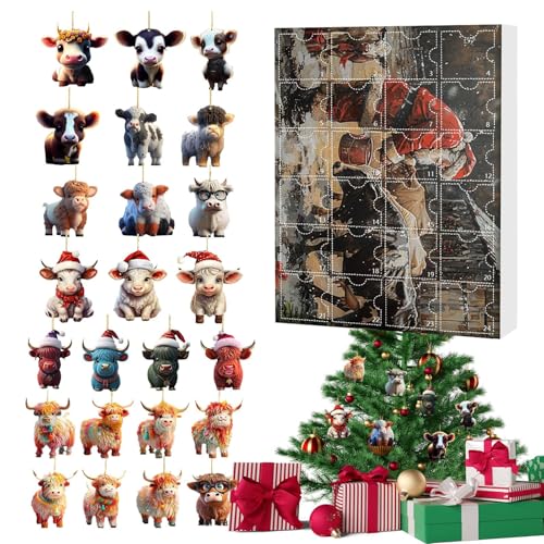 Adventskalender 24 Tage | Weihnachtsdekoration Highland Kuh aus Acryl | Wandaufhängung Tür Weihnachtsbaum Spiegel Auto | Festliche Dekoration Tiere für Partys und Geschenke von Générique